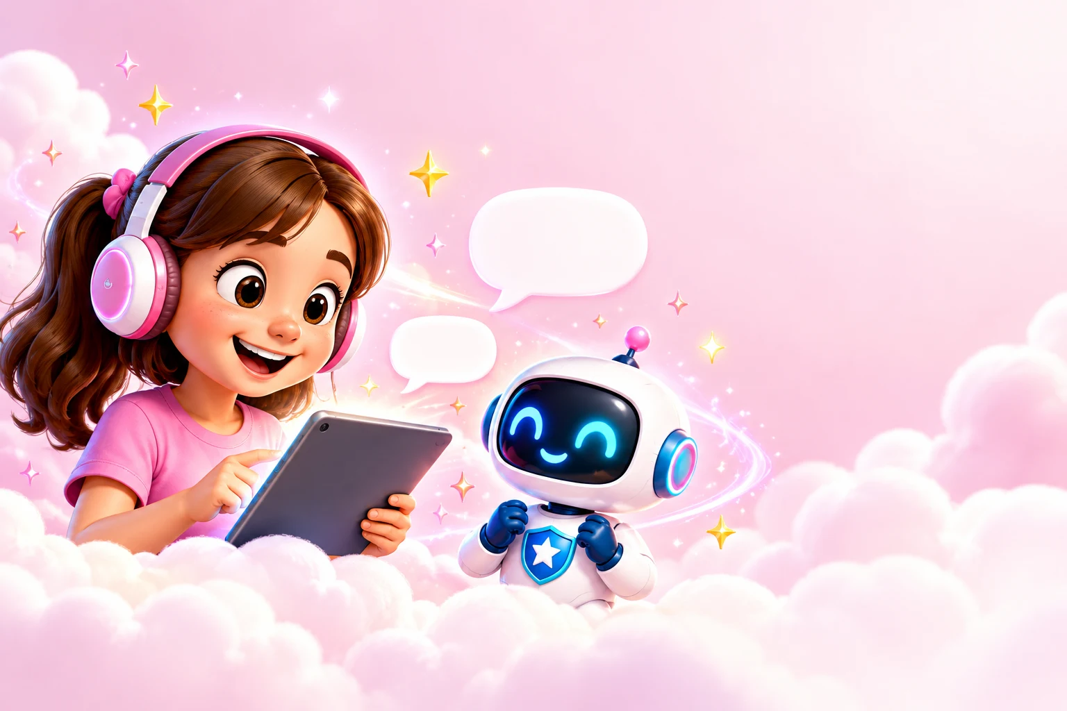 Djevojčica čita s tableta uz malog robota
